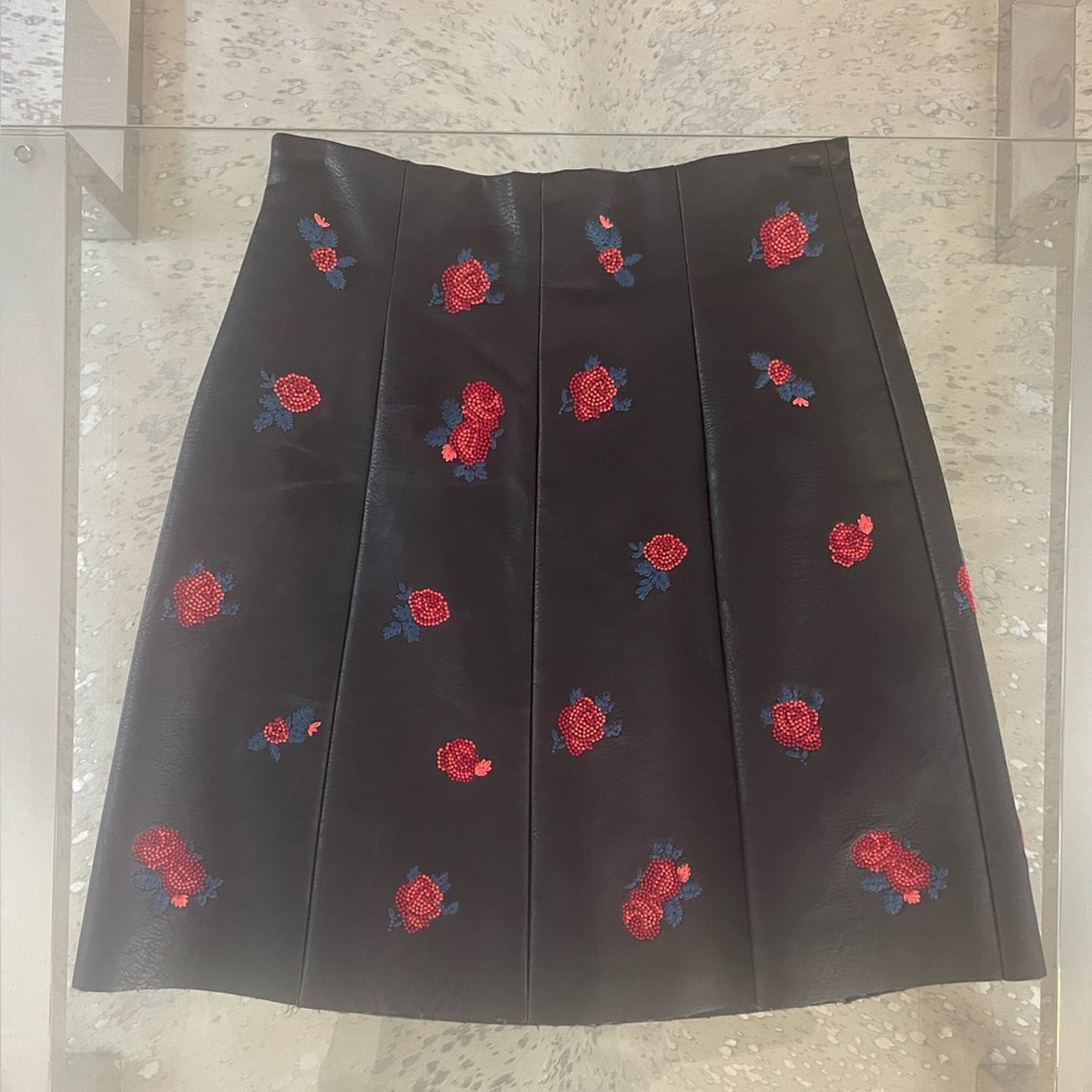 Club Monaco Faux Leather Embroidered A-Line Mini Skirt